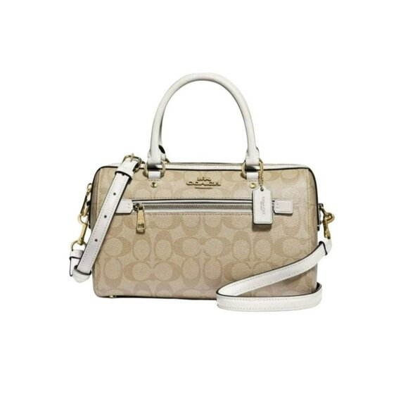Coach Rowan Satchel Purse Signature Canvas Chalk, Khaki and Gold Handbag JJ1177 - Picture 1 of 10